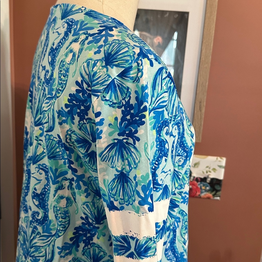 Lilly Pulitzer Mermaid Ollie Blue Teal White “Seeing Double” M Long Sleeve Top - Picture 5 of 12